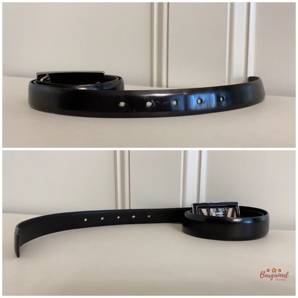 Authentic PRADA Black Patent Leather Silver Pony Buckle Logo Belt Size 34/85 - Picture 12 of 12